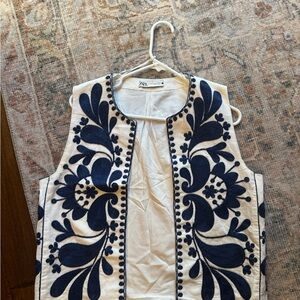 Zara Cream and Navy Embroidered Vest